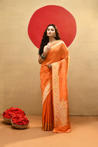 'Ragini' Orange Pure Katan Silk Meenakari Banarasi Handloom Saree