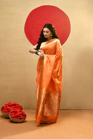 'Ragini' Orange Pure Katan Silk Meenakari Banarasi Handloom Saree