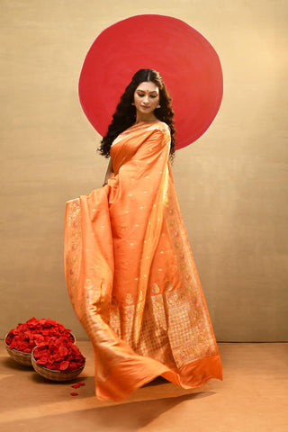 'Ragini' Orange Pure Katan Silk Meenakari Banarasi Handloom Saree