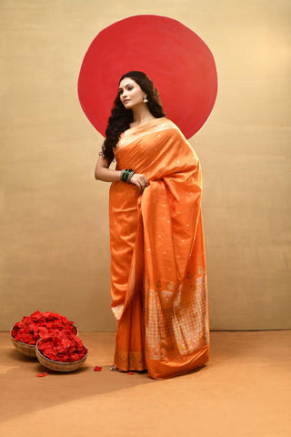 'Ragini' Orange Pure Katan Silk Meenakari Banarasi Handloom Saree