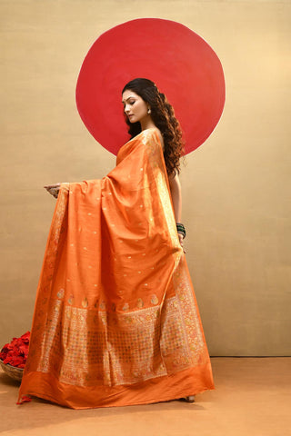 'Ragini' Orange Pure Katan Silk Meenakari Banarasi Handloom Saree