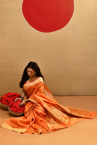 'Ragini' Orange Pure Katan Silk Meenakari Banarasi Handloom Saree