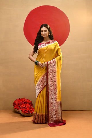 Mustard Yellow-Rani Pure Katan Silk Banarasi Handloom Saree