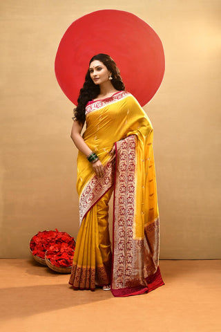 Mustard Yellow-Rani Pure Katan Silk Banarasi Handloom Saree