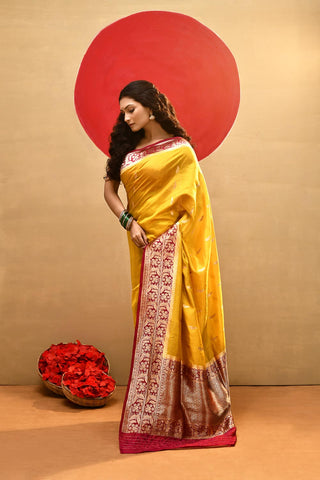 Mustard Yellow-Rani Pure Katan Silk Banarasi Handloom Saree