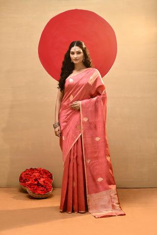 'Lily' Rosy Pink Pure Katan Silk Kadhua Banarasi Handloom Saree