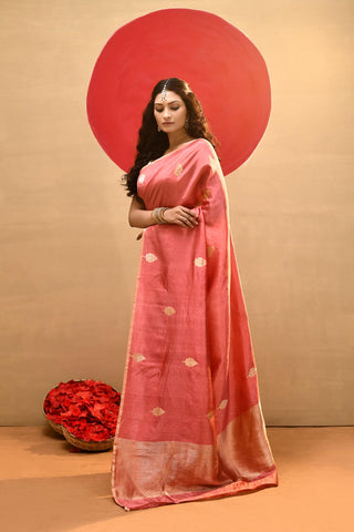 'Lily' Rosy Pink Pure Katan Silk Kadhua Banarasi Handloom Saree