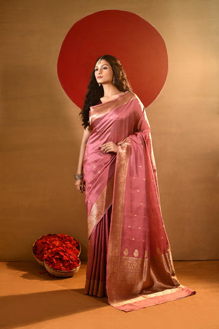 'Meera' Rose Gold Pink Pure Katan Silk kadhua Banarasi Handloom Saree