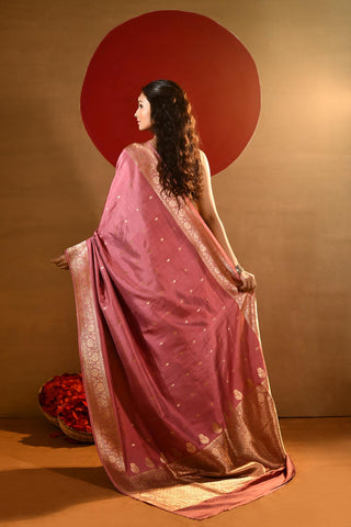 'Meera' Rose Gold Pink Pure Katan Silk kadhua Banarasi Handloom Saree