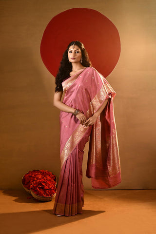 'Meera' Rose Gold Pink Pure Katan Silk kadhua Banarasi Handloom Saree