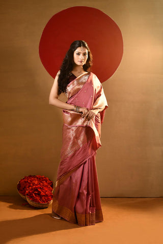 'Meera' Rose Gold Pink Pure Katan Silk kadhua Banarasi Handloom Saree