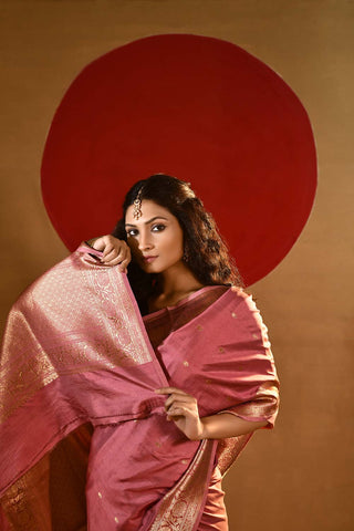 'Meera' Rose Gold Pink Pure Katan Silk kadhua Banarasi Handloom Saree