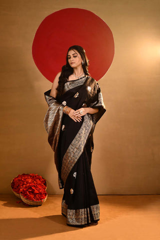 'Kaya' Black Pure Katan Silk Kadhua Banarasi Handloom saree