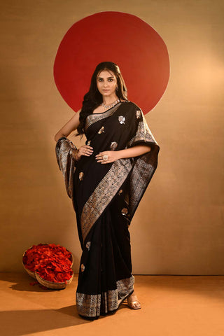 'Kaya' Black Pure Katan Silk Kadhua Banarasi Handloom saree