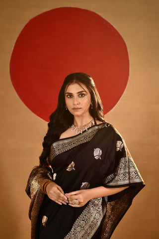 'Kaya' Black Pure Katan Silk Kadhua Banarasi Handloom saree