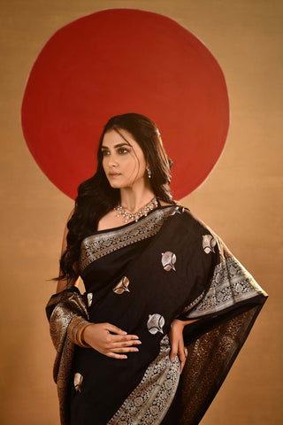 'Kaya' Black Pure Katan Silk Kadhua Banarasi Handloom saree