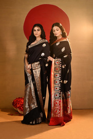 'Kaya' Black Pure Katan Silk Kadhua Banarasi Handloom saree