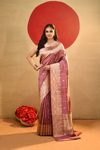 'Katha' Dusty Mauvish Pink Pure Katan Silk Kadhua Meenakari Banarasi Handloom Saree