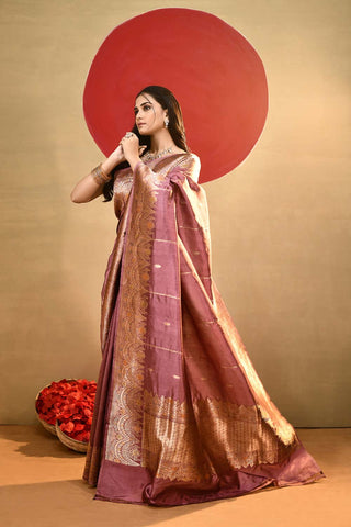 'Katha' Dusty Mauvish Pink Pure Katan Silk Kadhua Meenakari Banarasi Handloom Saree