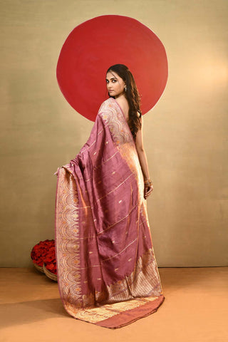 'Katha' Dusty Mauvish Pink Pure Katan Silk Kadhua Meenakari Banarasi Handloom Saree