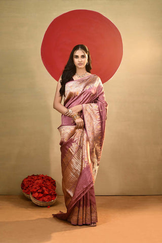 'Katha' Dusty Mauvish Pink Pure Katan Silk Kadhua Meenakari Banarasi Handloom Saree