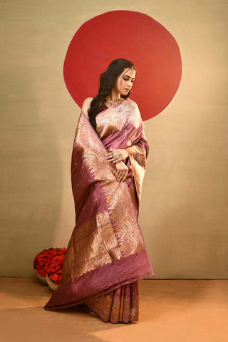 'Katha' Dusty Mauvish Pink Pure Katan Silk Kadhua Meenakari Banarasi Handloom Saree