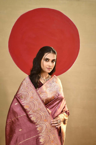 'Katha' Dusty Mauvish Pink Pure Katan Silk Kadhua Meenakari Banarasi Handloom Saree