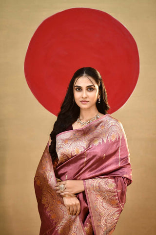 'Katha' Dusty Mauvish Pink Pure Katan Silk Kadhua Meenakari Banarasi Handloom Saree