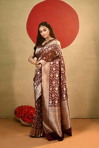 'Vedha' Cranberry Maroon Pure Katan Kadhua Banarasi Handloom saree