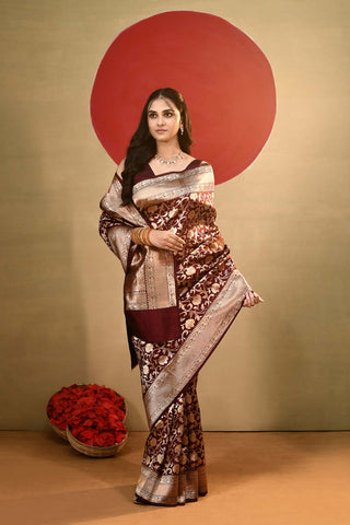 'Vedha' Cranberry Maroon Pure Katan Kadhua Banarasi Handloom saree