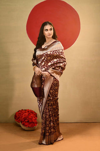 'Vedha' Cranberry Maroon Pure Katan Kadhua Banarasi Handloom saree