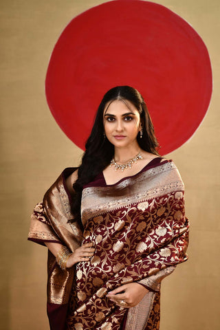 'Vedha' Cranberry Maroon Pure Katan Kadhua Banarasi Handloom saree