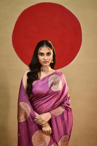 'Alpana' Lilac Pure Katan Kadhua Meenakari Banarasi Handloom Silk Saree