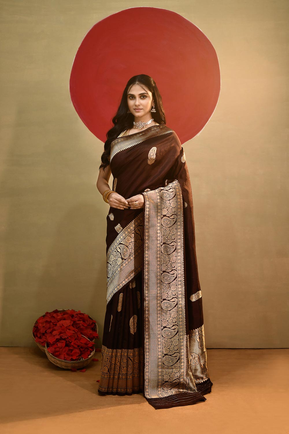 'Arya' Deep Chocolate Wine Pure Katan Silk Kadhua Banarasi Handloom Saree