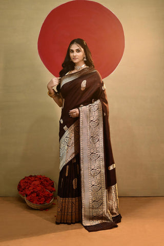 'Arya' Deep Chocolate Wine Pure Katan Silk Kadhua Banarasi Handloom Saree