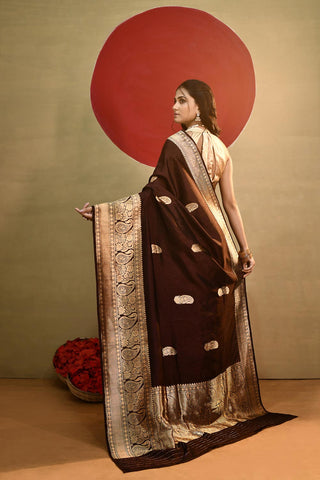 'Arya' Deep Chocolate Wine Pure Katan Silk Kadhua Banarasi Handloom Saree