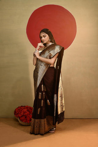 'Arya' Deep Chocolate Wine Pure Katan Silk Kadhua Banarasi Handloom Saree