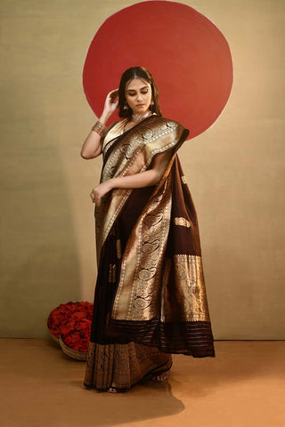 'Arya' Deep Chocolate Wine Pure Katan Silk Kadhua Banarasi Handloom Saree