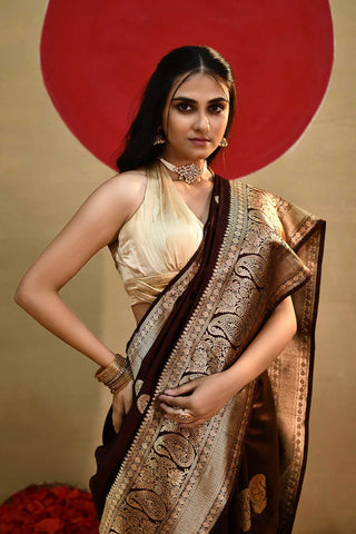 'Arya' Deep Chocolate Wine Pure Katan Silk Kadhua Banarasi Handloom Saree