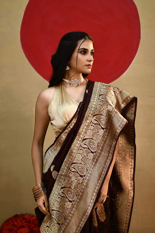 'Arya' Deep Chocolate Wine Pure Katan Silk Kadhua Banarasi Handloom Saree