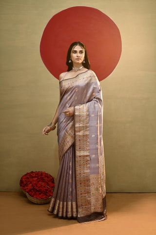 'Roop' Old Rose Grey Pure Katan Silk Meenakari Banarasi Handloom Saree