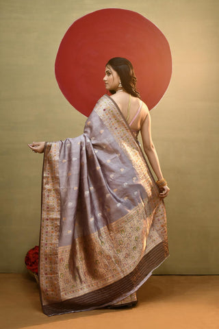 'Roop' Old Rose Grey Pure Katan Silk Meenakari Banarasi Handloom Saree