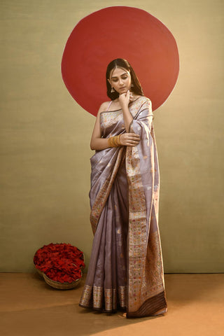 'Roop' Old Rose Grey Pure Katan Silk Meenakari Banarasi Handloom Saree