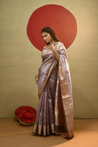 'Roop' Old Rose Grey Pure Katan Silk Meenakari Banarasi Handloom Saree