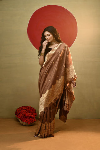 'Moh' Coffee Brown Pure Katan Kadhua Banarasi Handloom Saree