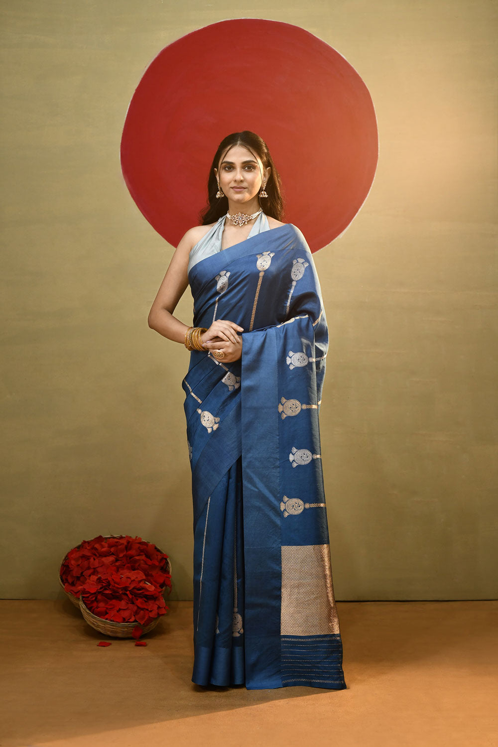 'Bella' Deep Shade of Serene Blue Pure Katan Silk Kadhua Banarasi Handloom Saree