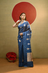 'Bella' Deep Shade of Serene Blue Pure Katan Silk Kadhua Banarasi Handloom Saree