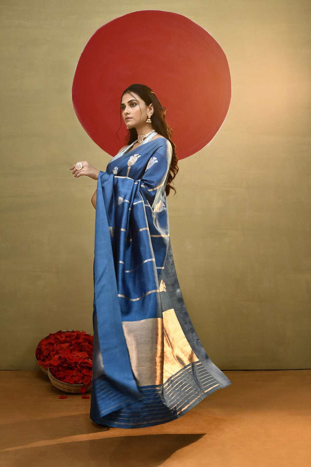 'Bella' Deep Shade of Serene Blue Pure Katan Silk Kadhua Banarasi Handloom Saree