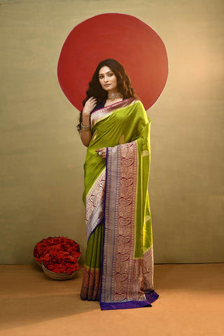 'Arya' Lime Green With a Contrast Pink And Blue On Edge Pure Katan Silk Kadhua Banarasi Handloom Saree