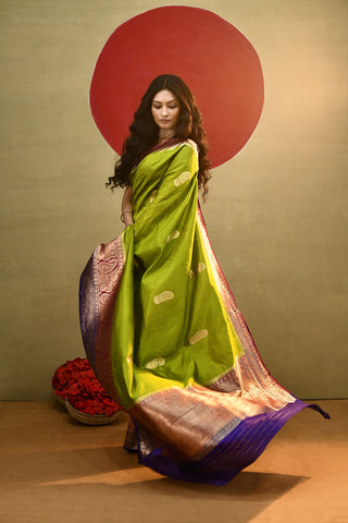 'Arya' Lime Green With a Contrast Pink And Blue On Edge Pure Katan Silk Kadhua Banarasi Handloom Saree